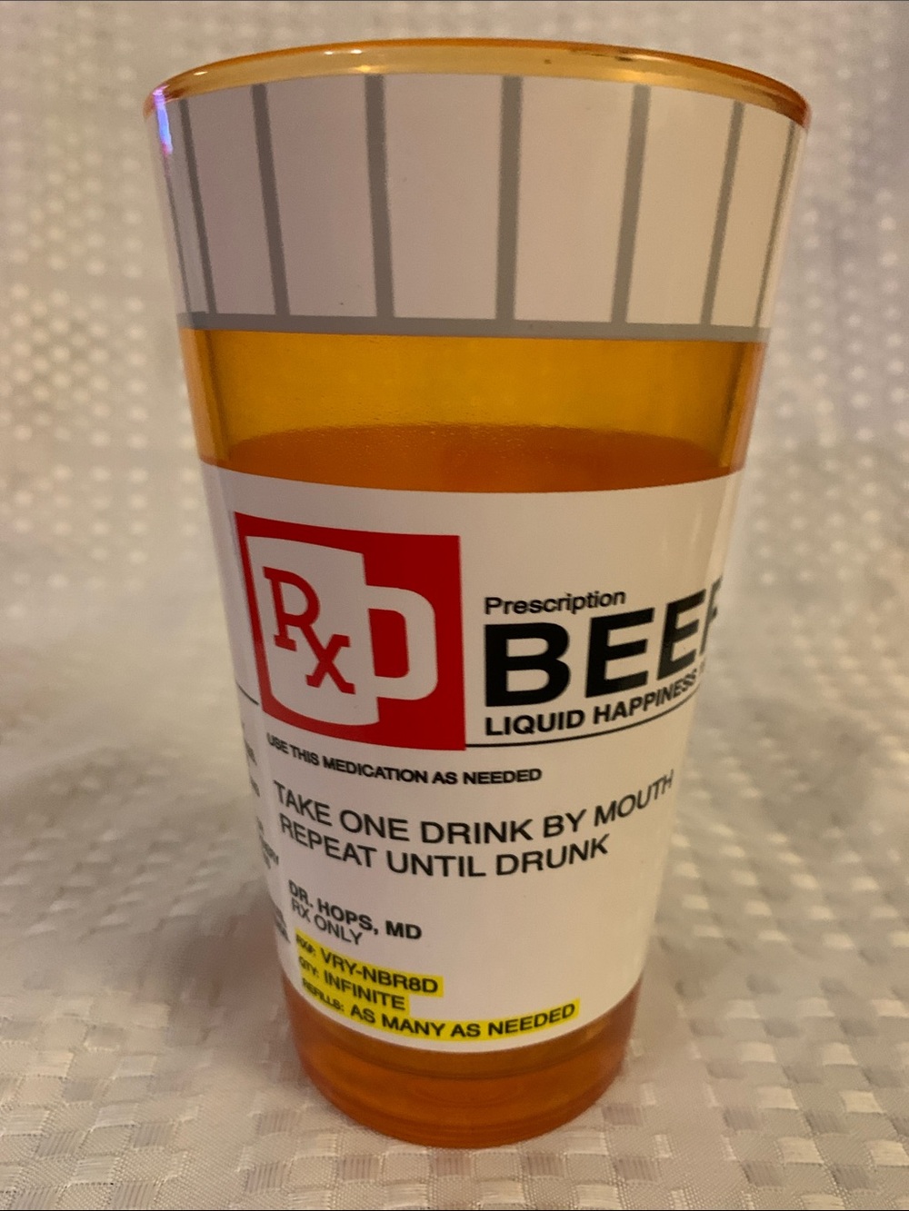Prescription Beer Novelty  Glass - Amber and White.
